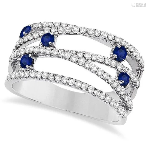 Blue Sapphire and Diamond Bypass Wide Ring 14k Whit…