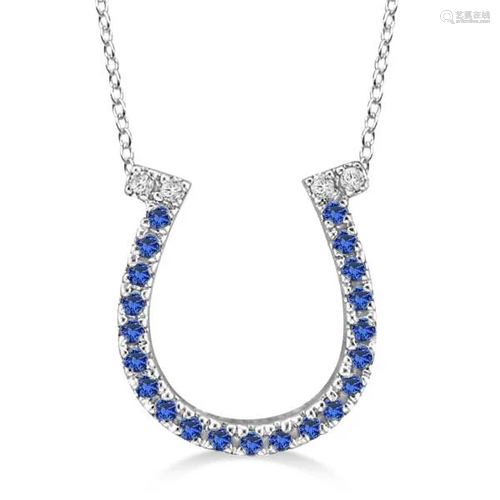 Sapphire and Diamond Horseshoe Pendant Necklace 14k Whi