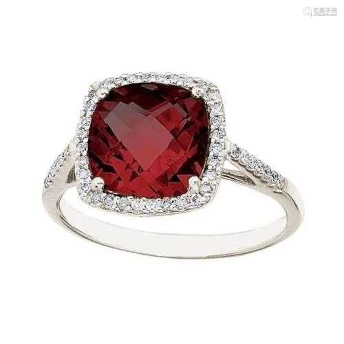 Cushion -Cut Garnet and Diamond Cocktail Ring 14k White