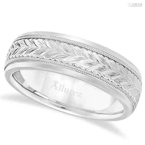 Hand Engraved Wedding Band Carved Ring in 14k White Gol