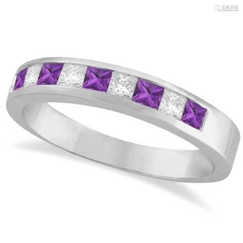 Princess Channel-Set Diamond and Amethyst Ring Band 14K