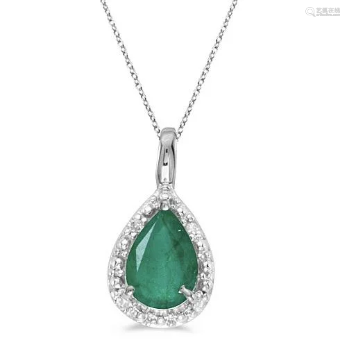 Pear Shaped Emerald Pendant Necklace 14k White Gold 0.7