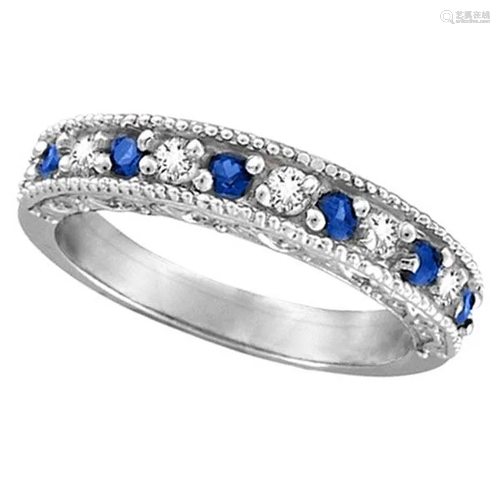 Designer Diamond and Blue Sapphire Ring Band 14k White