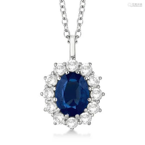 Oval Blue Sapphire and Diamond Pendant Necklace 14k Whi