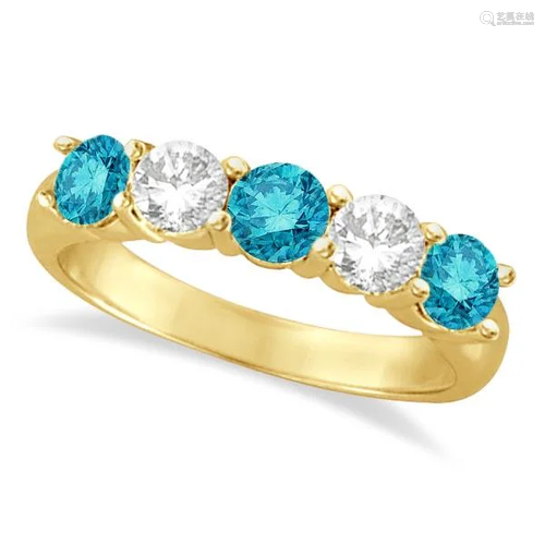 Five Stone White and Blue Diamond Ring 14k Yellow Gold