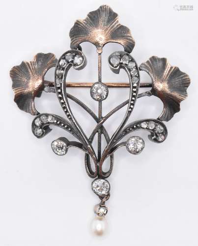 ART NOUVEAU GINKO LEAF GOLD PEARL & DIAMOND BROOCH PIN