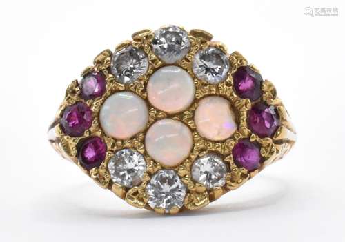 18CT GOLD OPAL DIAMOND & RUBY RING