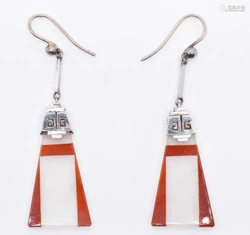 ART DECO WHITE GOLD AND COLOURED STONE DROP EARRINGS