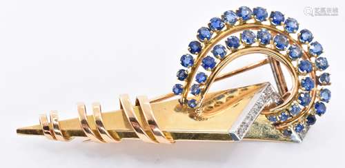 RETRO FRENCH 18CT GOLD SAPPHIRE AND DIAMOND BROOCH