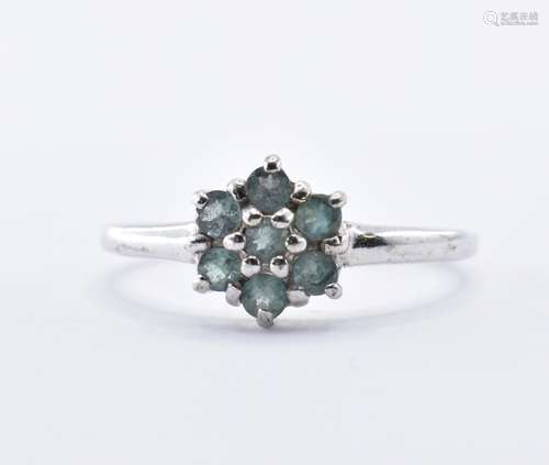 9CT WHITE GOLD AND GREEN STONE CLUSTER RING