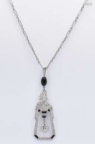 1930'S ART DECO PLATINUM DIAMOND & ONYX PENDANT NECKLACE