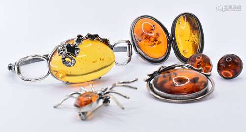 COLLECTION OF SILVER AND AMBER JEWELLERY