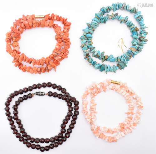 FOUR BEADED NECKLACES INCLUDING TURQUOISE & CORAL