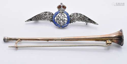 SILVER & ENAMEL RAF SWEETHEART BROOCH & HUNTING HORN BROOCH