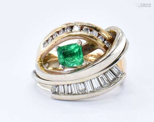 14CT GOLD EMERALD AND DIAMOND COCKTAIL RING