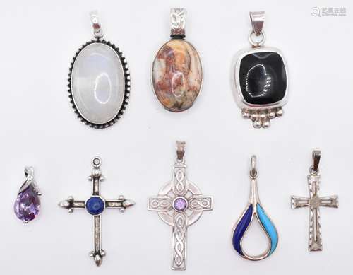 GROUP OF EIGHT SILVER STONE SET PENDANTS