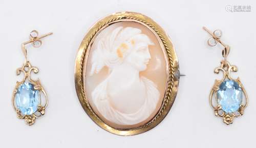 PAIR OF 9CT GOLD TOPAZ EARRINGS AND CAMEO BROOCH