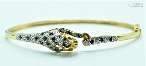 9CT GOLD DIAMOND AND SAPPHIRE PANTHER BANGLE