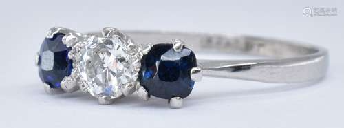 WHITE GOLD DIAMOND AND SAPPHIRE THREE STONE RING