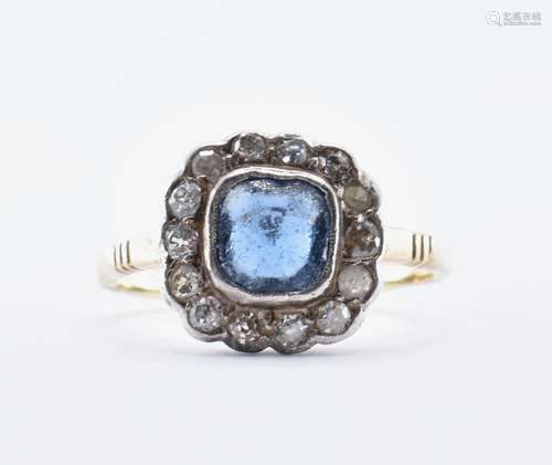 19TH CENTURY DIAMOND AND BLUE STONE CLUSTER RING