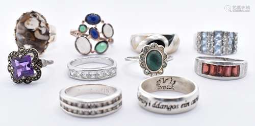 GROUP OF TEN SILVER DRESS RINGS