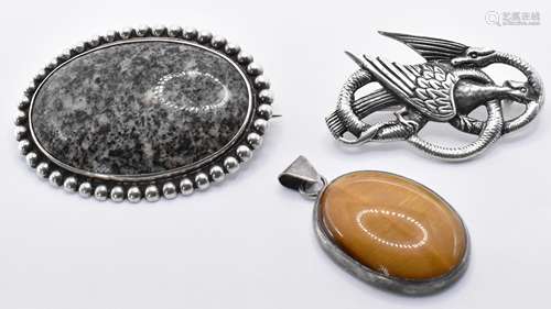 TWO SCOTTISH SILVER BROOCHES & TIGERS EYE PENDANT