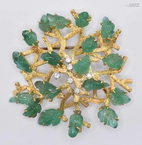 1970'S 18CT GOLD EMERALD AND DIAMOND BROOCH