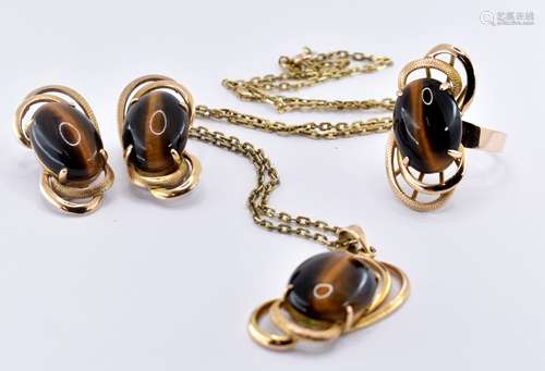 9CT GOLD AND TIGERS EYE JEWELLERY SUITE