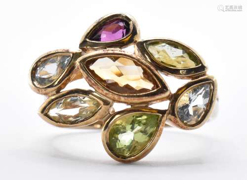 9CT GOLD AND COLOURED STONE CLUSTER RING