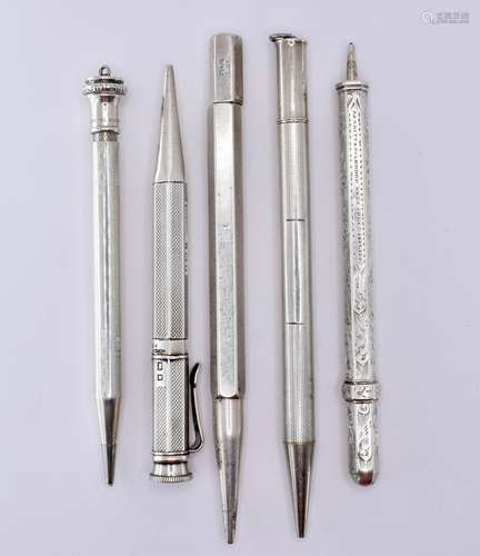 GROUP OF FIVE AND HALLMARKED SILVER PENCILS.