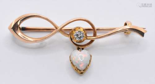 GOLD DIAMOND AND OPAL BAR BROOCH