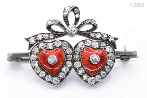 19TH CENTURY GUILLOCHE ENAMEL & DIAMOND HEART BROOCH