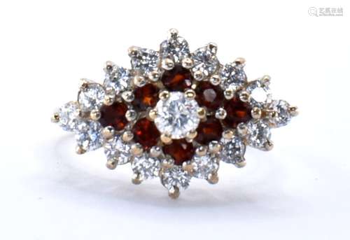 9CT GOLD RED & WHITE STONE CLUSTER RING