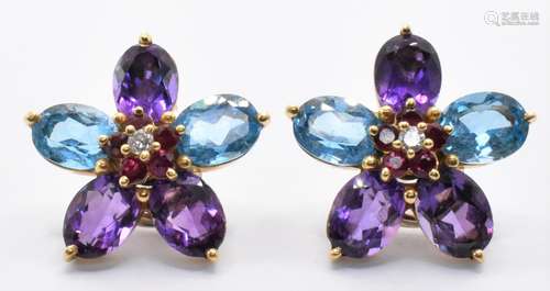 18CT GOLD TOPAZ AMETHYST DIAMOND CLUSTER EARRINGS