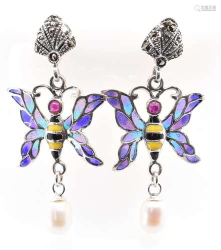 PAIR OF 925 SILVER PLIQUE A JOUR BUTTERFLY DROP EARRINGS.