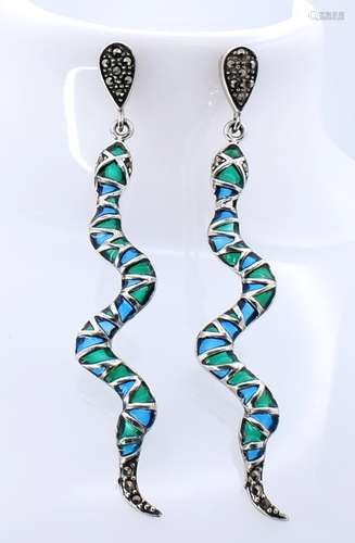 PAIR OF PLIQUE A JOUR AND SILVER SNAKE EARRINGS.