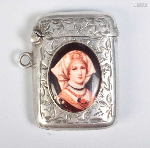 HALLMARKED SILVER EDWARDIAN VESTA CASE WITH LATER PORTRAIT.