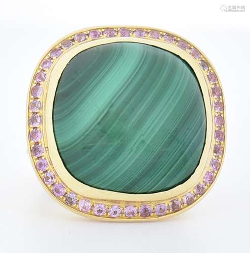 DANISH 18CT GOLD MALACHITE & PINK SAPPHIRE COCKTAIL RING