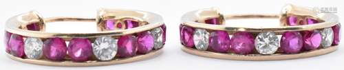 9CT GOLD RUBY AND WHITE STONE HOOP EARRINGS