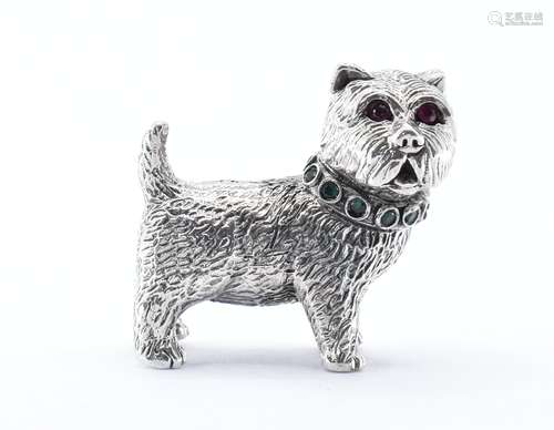 SILVER FIGURE OF A TERRIER DOG WITH GREEN AND PINK STONES.