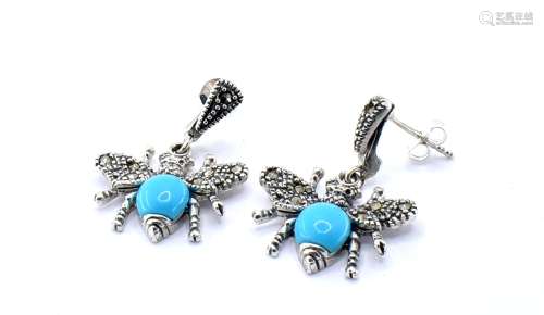 PAIR OF 925 SILVER AND TURQUOISE BUG EARRINGS.
