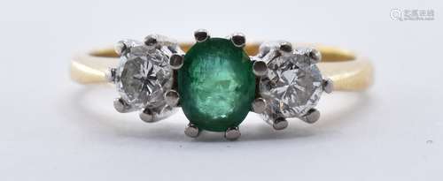 18CT GOLD EMERALD & DIAMOND THREE STONE RING