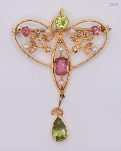 ART NOUVEAU 15CT GOLD PERIDOT & TOURMALINE BROOCH PIN