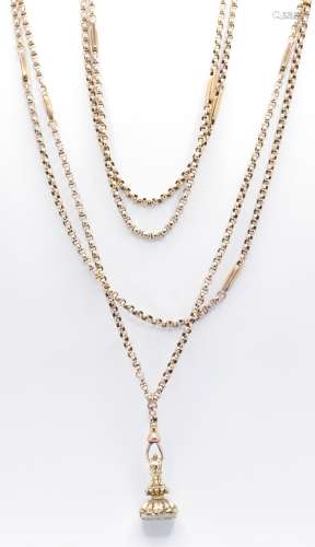 9CT GOLD LONG GUARD CHAIN AND FOB