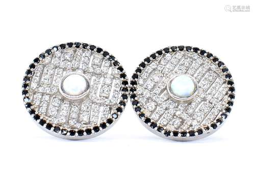 PAIR OF SILVER OPALITE AND CZ STUD EARRINGS.