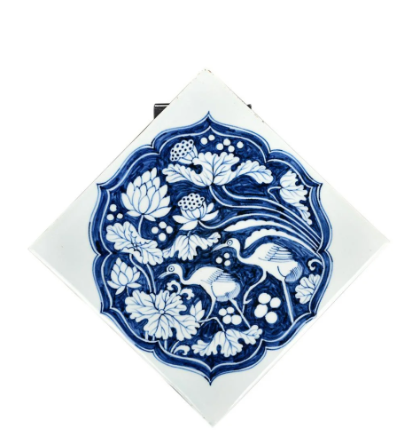 BLUE & WHITE 'HERON AND LOTUS' PLAQUE
