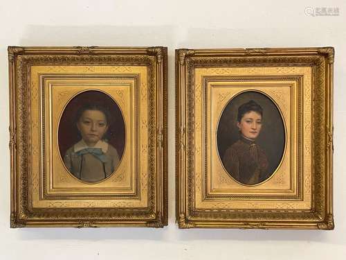 Ecole française XIX° Deux Portraits: Enfant et Jeune Femme. ...