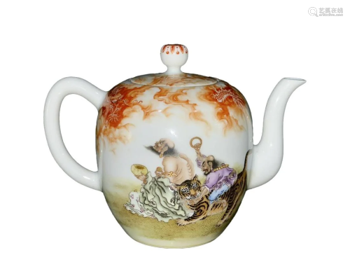 PAINTED 'ARHAT, TIGER AND DRAGON' TEAPOT