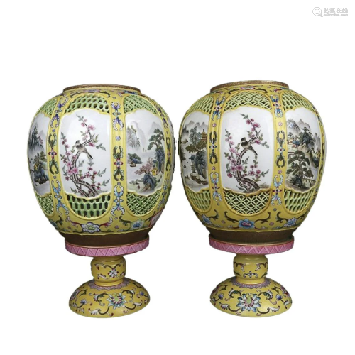 PAIR OF PAINTED-ENAMEL 'BIRD AND FLOWER' COVERED