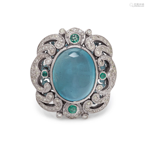 AQUAMARINE, DIAMOND AND EMERALD RING